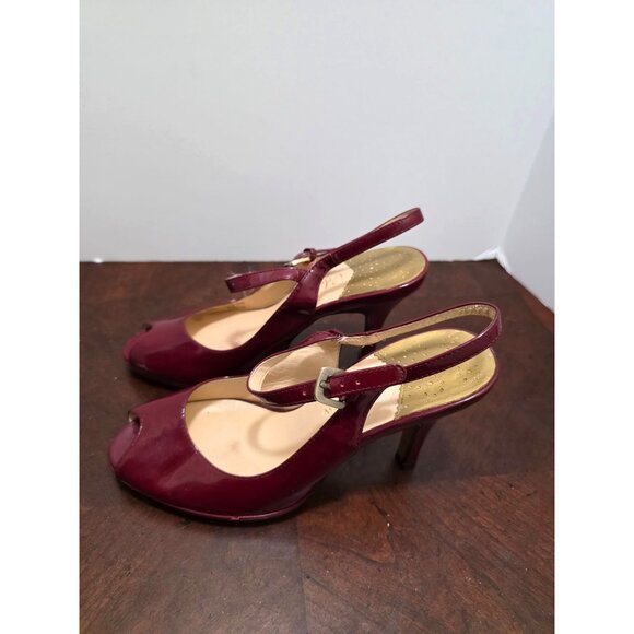 Cole Haan Burgundy Patent Leather Peep Toe Slingback Heels Adjustable Strap Wome - Picture 4 of 12